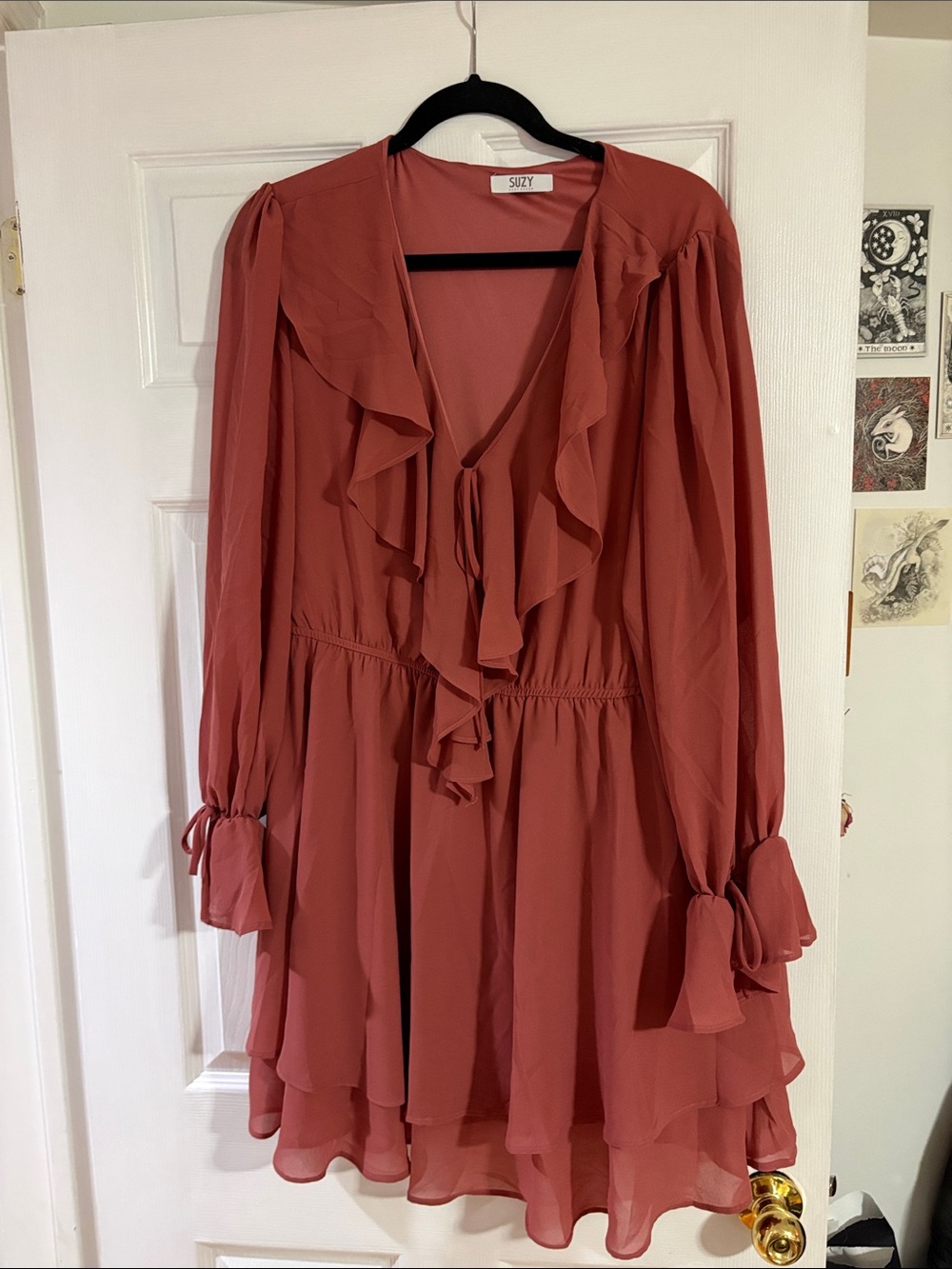 Suzy Shier Dusty Rose Ruffle Tiered Long-Sleeve Dress
